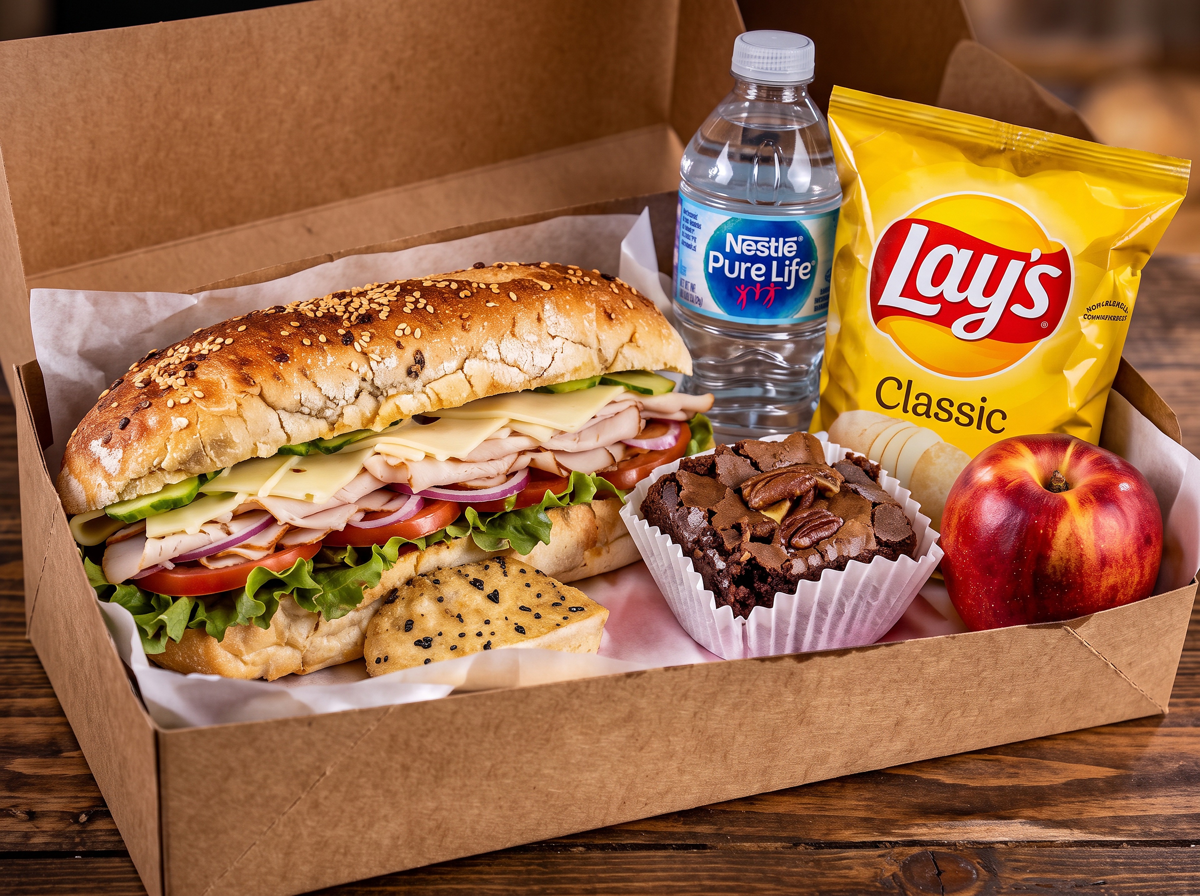 Box lunch with sandwich, bottled water, chips and dessert